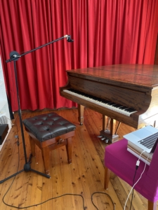 Full view of set up for Zoom piano sessions